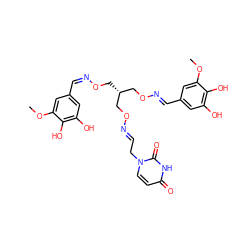 COc1cc(/C=N\OC[C@@H](CO/N=C/Cn2ccc(=O)[nH]c2=O)CO/N=C/c2cc(O)c(O)c(OC)c2)cc(O)c1O ZINC000261148341