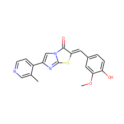 COc1cc(/C=c2\sc3nc(-c4ccncc4C)cn3c2=O)ccc1O ZINC000169353882