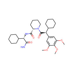 COc1cc([C@@H](C(=O)N2CCCC[C@H]2C(=O)N[C@H](C(N)=O)C2CCCCC2)C2CCCCC2)cc(OC)c1OC ZINC000653916064