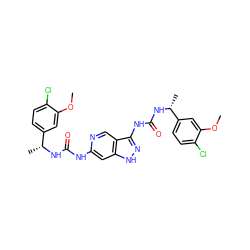 COc1cc([C@@H](C)NC(=O)Nc2cc3[nH]nc(NC(=O)N[C@H](C)c4ccc(Cl)c(OC)c4)c3cn2)ccc1Cl ZINC000210754587