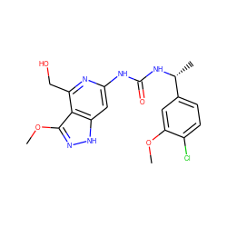 COc1cc([C@@H](C)NC(=O)Nc2cc3[nH]nc(OC)c3c(CO)n2)ccc1Cl ZINC001772621370