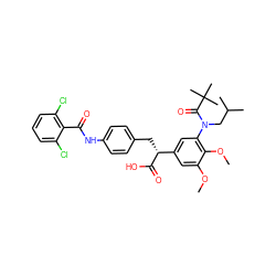 COc1cc([C@@H](Cc2ccc(NC(=O)c3c(Cl)cccc3Cl)cc2)C(=O)O)cc(N(CC(C)C)C(=O)C(C)(C)C)c1OC ZINC000028356193