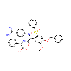 COc1cc([C@@H](Nc2ccc(C(=N)N)cc2)C(=O)N[C@H](C(=O)O)c2ccccc2)c(S(=O)(=O)c2ccccc2)cc1OCc1ccccc1 ZINC000028128111