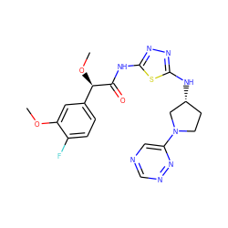 COc1cc([C@@H](OC)C(=O)Nc2nnc(N[C@@H]3CCN(c4cncnn4)C3)s2)ccc1F ZINC000653812634