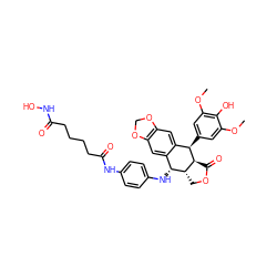 COc1cc([C@@H]2c3cc4c(cc3[C@@H](Nc3ccc(NC(=O)CCCCC(=O)NO)cc3)[C@H]3COC(=O)[C@@H]32)OCO4)cc(OC)c1O ZINC000096286403