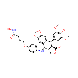 COc1cc([C@@H]2c3cc4c(cc3[C@@H](Nc3ccc(OCCCC(=O)NO)cc3)[C@H]3COC(=O)[C@@H]32)OCO4)cc(OC)c1O ZINC000096286397