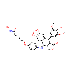 COc1cc([C@@H]2c3cc4c(cc3[C@@H](Nc3ccc(OCCCCC(=O)NO)cc3)[C@H]3COC(=O)[C@@H]32)OCO4)cc(OC)c1O ZINC000096286394