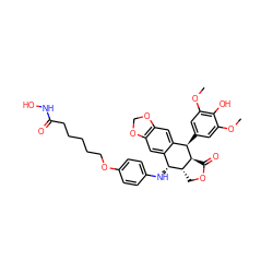 COc1cc([C@@H]2c3cc4c(cc3[C@@H](Nc3ccc(OCCCCCC(=O)NO)cc3)[C@H]3COC(=O)[C@@H]32)OCO4)cc(OC)c1O ZINC000096286391