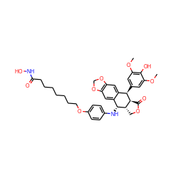 COc1cc([C@@H]2c3cc4c(cc3[C@@H](Nc3ccc(OCCCCCCCC(=O)NO)cc3)[C@H]3COC(=O)[C@@H]32)OCO4)cc(OC)c1O ZINC000096286407