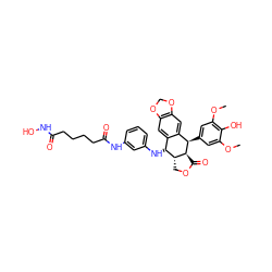 COc1cc([C@@H]2c3cc4c(cc3[C@@H](Nc3cccc(NC(=O)CCCCC(=O)NO)c3)[C@H]3COC(=O)[C@@H]32)OCO4)cc(OC)c1O ZINC000096286400