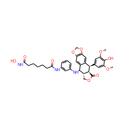 COc1cc([C@@H]2c3cc4c(cc3[C@@H](Nc3cccc(NC(=O)CCCCCC(=O)NO)c3)[C@H]3COC(=O)[C@@H]32)OCO4)cc(OC)c1O ZINC000096286399