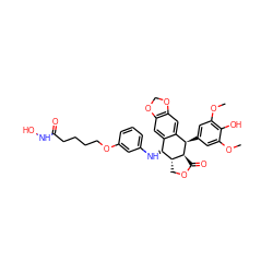 COc1cc([C@@H]2c3cc4c(cc3[C@@H](Nc3cccc(OCCCCC(=O)NO)c3)[C@H]3COC(=O)[C@@H]32)OCO4)cc(OC)c1O ZINC000096286393
