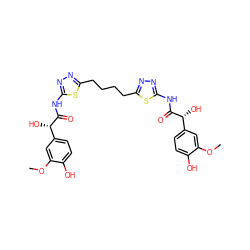 COc1cc([C@H](O)C(=O)Nc2nnc(CCCCc3nnc(NC(=O)[C@H](O)c4ccc(O)c(OC)c4)s3)s2)ccc1O ZINC000169698207