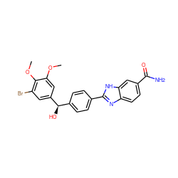 COc1cc([C@H](O)c2ccc(-c3nc4ccc(C(N)=O)cc4[nH]3)cc2)cc(Br)c1OC ZINC000140634121