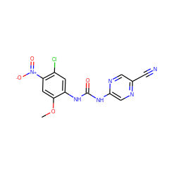 COc1cc([N+](=O)[O-])c(Cl)cc1NC(=O)Nc1cnc(C#N)cn1 ZINC000014956041