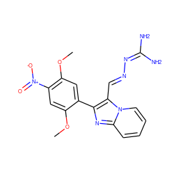 COc1cc([N+](=O)[O-])c(OC)cc1-c1nc2ccccn2c1/C=N/N=C(N)N ZINC000073141060