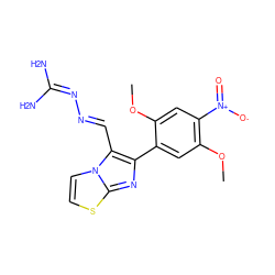 COc1cc([N+](=O)[O-])c(OC)cc1-c1nc2sccn2c1/C=N/N=C(N)N ZINC000028476212