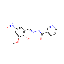 COc1cc([N+](=O)[O-])cc(/C=N/NC(=O)c2cccnc2)c1O ZINC000004702562