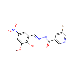 COc1cc([N+](=O)[O-])cc(/C=N/NC(=O)c2cncc(Br)c2)c1O ZINC000002321509