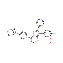 COc1cc(-c2c(-c3ccncc3)nn3c(-c4ccc(N5C[C@@H]6C[C@H]5CN6)cc4)ccnc23)ccc1F ZINC000049021664