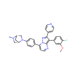 COc1cc(-c2c(-c3ccncc3)nn3c(-c4ccc(N5C[C@@H]6C[C@H]5CN6C)cc4)ccnc23)ccc1F ZINC000049032882