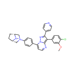 COc1cc(-c2c(-c3ccncc3)nn3c(-c4ccc(N5C[C@@H]6CC[C@H](C5)N6C)cc4)ccnc23)ccc1Cl ZINC000049777891