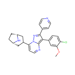 COc1cc(-c2c(-c3ccncc3)nn3c(C4C[C@@H]5CC[C@H](C4)N5)ccnc23)ccc1Cl ZINC000045317522