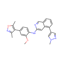 COc1cc(-c2c(C)noc2C)ccc1Nc1cc2c(-c3cnn(C)c3)cccc2cn1 ZINC000207610778