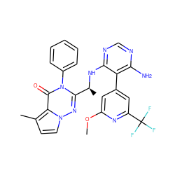 COc1cc(-c2c(N)ncnc2N[C@@H](C)c2nn3ccc(C)c3c(=O)n2-c2ccccc2)cc(C(F)(F)F)n1 ZINC000224287199