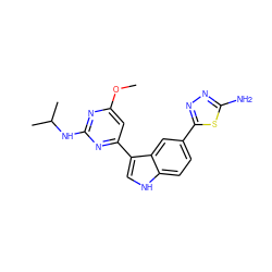 COc1cc(-c2c[nH]c3ccc(-c4nnc(N)s4)cc23)nc(NC(C)C)n1 ZINC000222722647