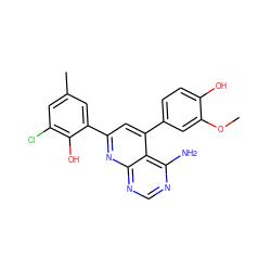 COc1cc(-c2cc(-c3cc(C)cc(Cl)c3O)nc3ncnc(N)c23)ccc1O ZINC000001644478