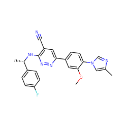 COc1cc(-c2cc(C#N)c(N[C@@H](C)c3ccc(F)cc3)nn2)ccc1-n1cnc(C)c1 ZINC000072173359
