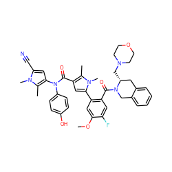 COc1cc(-c2cc(C(=O)N(c3ccc(O)cc3)c3cc(C#N)n(C)c3C)c(C)n2C)c(C(=O)N2Cc3ccccc3C[C@H]2CN2CCOCC2)cc1F ZINC000261146752