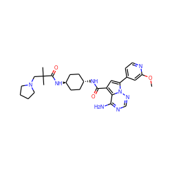 COc1cc(-c2cc(C(=O)N[C@H]3CC[C@H](NC(=O)C(C)(C)CN4CCCC4)CC3)c3c(N)ncnn23)ccn1 ZINC000261102306