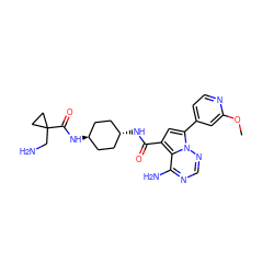 COc1cc(-c2cc(C(=O)N[C@H]3CC[C@H](NC(=O)C4(CN)CC4)CC3)c3c(N)ncnn23)ccn1 ZINC000261170065