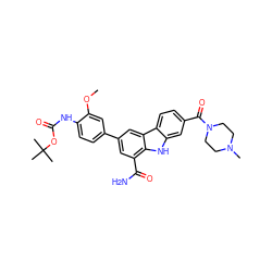 COc1cc(-c2cc(C(N)=O)c3[nH]c4cc(C(=O)N5CCN(C)CC5)ccc4c3c2)ccc1NC(=O)OC(C)(C)C ZINC000113197010