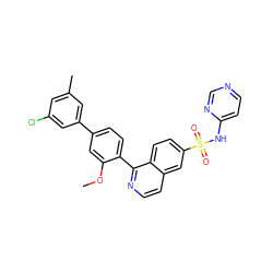 COc1cc(-c2cc(C)cc(Cl)c2)ccc1-c1nccc2cc(S(=O)(=O)Nc3ccncn3)ccc12 ZINC000225096093