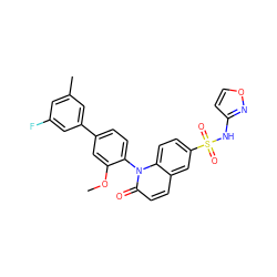 COc1cc(-c2cc(C)cc(F)c2)ccc1-n1c(=O)ccc2cc(S(=O)(=O)Nc3ccon3)ccc21 ZINC001772653242