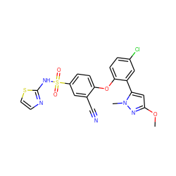 COc1cc(-c2cc(Cl)ccc2Oc2ccc(S(=O)(=O)Nc3nccs3)cc2C#N)n(C)n1 ZINC000095608637