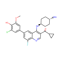 COc1cc(-c2cc(F)c3ncc(C(=O)C4CC4)c(N[C@H]4CC[C@H](N)CC4)c3c2)cc(Cl)c1O ZINC000473152142