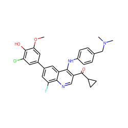 COc1cc(-c2cc(F)c3ncc(C(=O)C4CC4)c(Nc4ccc(CN(C)C)cc4)c3c2)cc(Cl)c1O ZINC000114035043