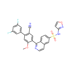 COc1cc(-c2cc(F)cc(F)c2)c(C#N)cc1-c1nccc2cc(S(=O)(=O)Nc3ccon3)ccc12 ZINC000225110828