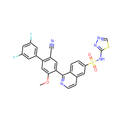 COc1cc(-c2cc(F)cc(F)c2)c(C#N)cc1-c1nccc2cc(S(=O)(=O)Nc3nncs3)ccc12 ZINC000225086230