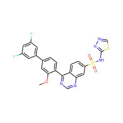 COc1cc(-c2cc(F)cc(F)c2)ccc1-c1ncnc2cc(S(=O)(=O)Nc3nncs3)ccc12 ZINC000225110557
