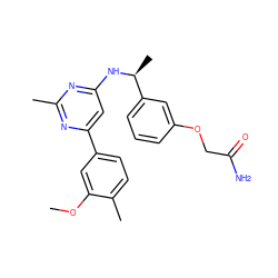 COc1cc(-c2cc(N[C@@H](C)c3cccc(OCC(N)=O)c3)nc(C)n2)ccc1C ZINC000205829650