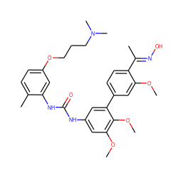 COc1cc(-c2cc(NC(=O)Nc3cc(OCCCN(C)C)ccc3C)cc(OC)c2OC)ccc1/C(C)=N/O ZINC000169324009