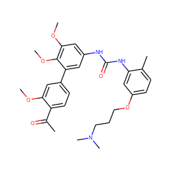 COc1cc(-c2cc(NC(=O)Nc3cc(OCCCN(C)C)ccc3C)cc(OC)c2OC)ccc1C(C)=O ZINC000103228652