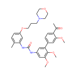 COc1cc(-c2cc(NC(=O)Nc3cc(OCCCN4CCOCC4)ccc3C)cc(OC)c2OC)ccc1C(C)=O ZINC000103228664