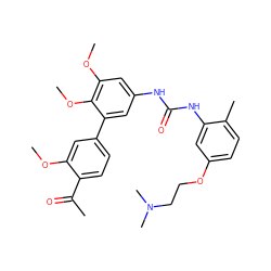 COc1cc(-c2cc(NC(=O)Nc3cc(OCCN(C)C)ccc3C)cc(OC)c2OC)ccc1C(C)=O ZINC000103228647