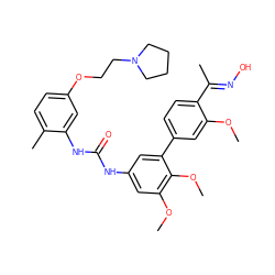 COc1cc(-c2cc(NC(=O)Nc3cc(OCCN4CCCC4)ccc3C)cc(OC)c2OC)ccc1/C(C)=N/O ZINC000169324013